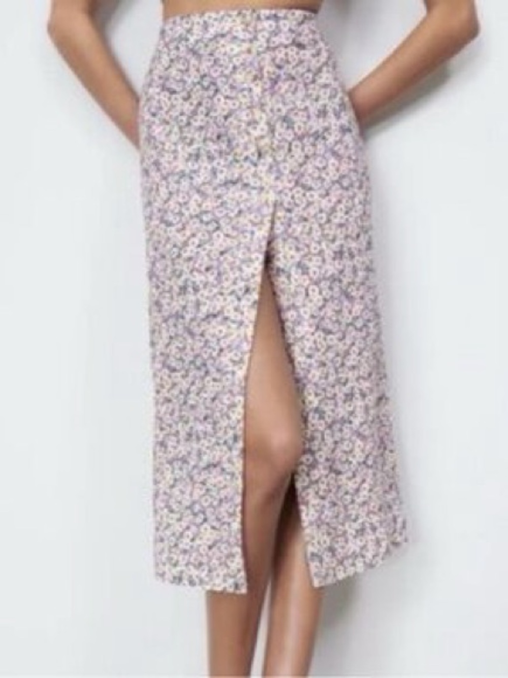Zara Women's Pink Floral Midi Skirt with Front Slit
